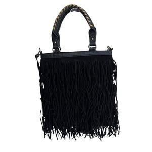 Black Suede Fringe Boho Hippie Western Crossbody Purse – Double-Handle Handbag